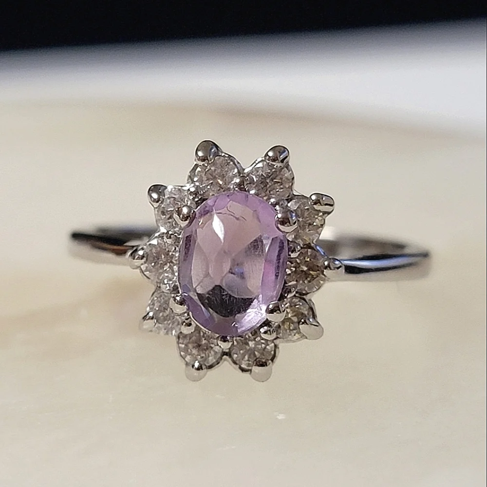 Gorgeous Amethyst Halo Flower Ring Cluster Faceted Gemstone